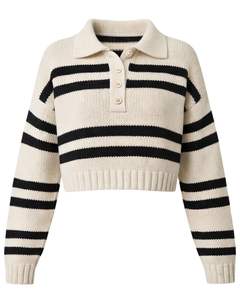 Pull Polo Court en Tricot Rayé Noir pour Femme, Fabrication Personnalisée, Manches Longues, Patte de Boutonnage, Doux, Hiver, Décontracté, Mode, Haut, OEM - Product Image 1