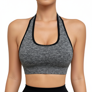 Sexy Halter Neck Sports Bra Heather Grey Yoga Top Sleeveless Backless Workout Gym Bra Contrast Binding Activewear for Women - Product Image 1