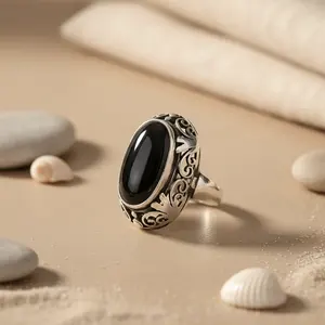 925 Silver Onyx Stone <b>Ring</b> for <b>Men</b> Statement Vintage Fine Jewelry Rhodium Plated Cut Gemstone Inlay Statement Gemstone <b>Rings</b> - Product Image 2