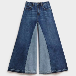 Novedad de 2025, pantalones vaqueros de pierna ancha acampanados de dos tonos de lavado medio para mujer, pantalones vaqueros transpirables con logotipo personalizado para mujer - Product Image 1