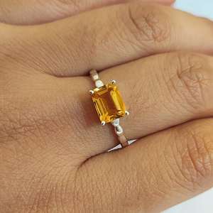 Emerald Cut Citrine Ring 925 Sterling Silver 14K Gold Plated November <b>Birthstone</b> Elegant Jewelry Gift For Women - Product Image 3