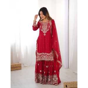 NUEVO LANZAMIENTO DE UNA MODERNA Y FESTIVA TELA SHARARA PALAZZO PARA FIESTAS, DE GEORGETTE SINTÉTICA DE ALTA CALIDAD CON BORDADO DORI, LENTEJUELAS Y TRABAJO CON HILOS - Product Image 1