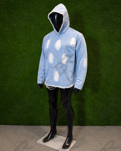 Sudadera con Capucha Oversize de Mezclilla Lavado Claro para Hombre, con Bajo Deshilachado y Bolsillo en el Pecho, Estilo Casual Urbano - Product Image 3