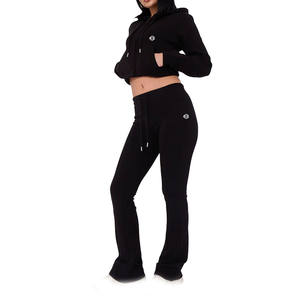 Women Cropped Zip <b>Hoodie</b> and Flared Jogger Set Cotton <b>Fleece</b> Streetwear Two Piece Outfit OEM Bulk Supply vendor - Product Image 3