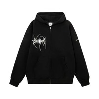 Sweat à capuche noir surdimensionné pour homme de haute qualité, personnalisé, avec fermeture éclair, impression sérigraphique motif pique blanche, broderie et poche en polaire