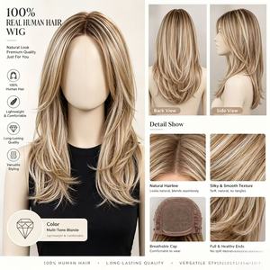 100% Human Hair Layered <b>Wig</b> Multi-Tone <b>Blonde</b> Highlight Long Straight <b>Wig</b> for Women - Product Image 6