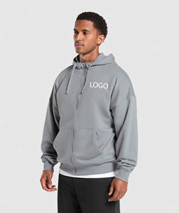 Mens <b>Grey</b> Full Zip Hoodie With Drawstrings Custom Logo Oversized <b>Sweatshirt</b> Jacket Split Kangaroo Pocket Casual Streetwear - Product Image 3