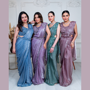 Sari de tejido rosa cebolla estilo Bollywood listo para usar con adornos a mano de India precio al por mayor - Product Image 4