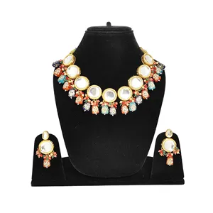 Multicolor Kundan Necklace Set with <b>Earrings</b> Beaded and <b>Studded</b> Gold Plated Fine Bridal Jewelry for Ladies for Wedding - Product Image 1
