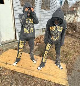 Custom Heavyweight 500gsm 100% algodón Puff estampado Sudadera con capucha Fleece Baggy Stacked Flared pantalones de chándal y Sudadera con capucha conjunto de chándal de los hombres - Product Image 5