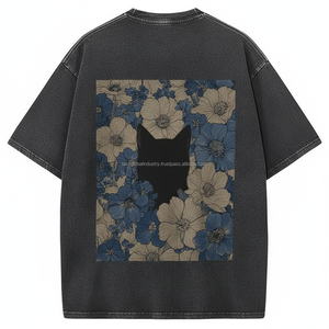 Camiseta Gris Vintage con Lavado Ácido para Hombre, Diseño Artístico de Gato en las Flores, Talla Grande, Algodón Grueso de Secado Rápido, Logotipo Personalizado OEM - Product Image 2