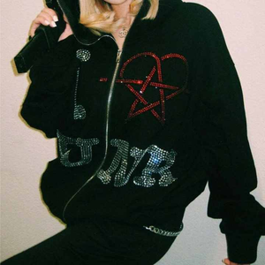 2025 forte demande Antique surdimensionné strass à capuche Streetwear automne hiver vêtements pull strass brillant Logo sweats à capuche - Product Image 4