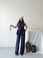 Ensemble pantalon deux pièces personnalisable pour femme, col licou, sans manches, longueur genou, en polyester tissé uni, coupe classique, toutes saisons, vente en gros