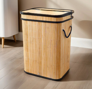 Panier à linge rectangulaire avec une peinture de feuille tropicale sur bambou. Disponible aux prix de gros. - Product Image 6