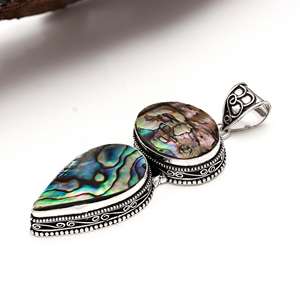 Natural Ablone Gemstone Christian <b>Charms</b> <b>Pendant</b> Oval Pear Shape Two Stone German Silver Vintage Handmade Design Large <b>Pendant</b> - Product Image 4
