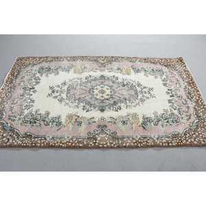 Vintage Turkish Area Rug 3,8x6,8 ft, <b>Brown</b> Pink Moroccan <b>Wool</b> Rug - Product Image 2
