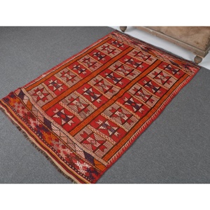 3.4x5 ft Rug, Vintage Turkish Rug, <b>Red</b> Striped <b>Wool</b> Rug - Product Image 2