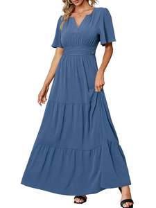 OEM alta calidad azul bohemio Maxi verano señora elegante señoras suelta playa Mujer vacaciones media manga vestido de vacaciones escalonado - Product Image 4