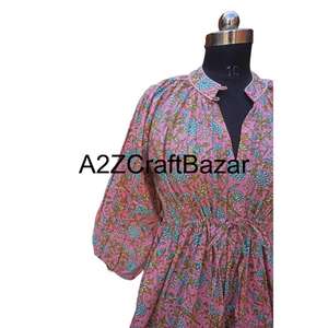 Handmade 100% Cotton <b>Sexy</b> Bohemian Floral Print V-Neck Short Sleeve Bodycon Midi <b>Dress</b> with Tassel and Ruffles for <b>Summer</b> - Product Image 4