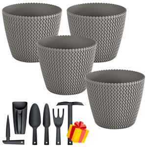 Lot de 4 pots de fleurs ronds en plastique Prosperplast Splofy 5L gris, 21,8x18,4cm + 1 lot de 6 outils de jardin GRATUIT - Product Image 1