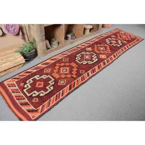 Turkish Vintage Rug, 2.7x11.4 ft Herki Rug, <b>Red</b> Orange Camouflage <b>Wool</b> Rug - Product Image 5