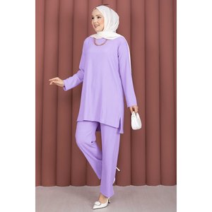 ชุดเซ็ต 2 ชิ้น สีม่วงไลแลคทันสมัย เสื้อทูนิคผ้าลินินผ่าข้าง กางเกงขายาวทรงลำลอง  ลายเรียบ  ความยาวสั้น เหมาะสำหรับฤดูใบไม้ร่วง - Product Image 1
