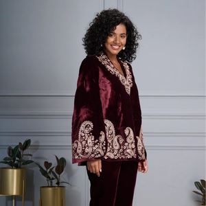 Travail de broderie florale personnalisé fait à la main 100% lin pur velours co-ord ensemble décontracté deux pièces vêtements quotidiens produit en vrac classique - Product Image 1