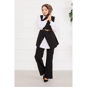 Chaleco holgado con cinturón negro Hijab Conjunto de 2 piezas Patrón de primavera informal Tejido tejido para mujer - Product Image 5
