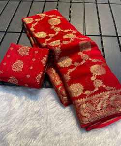 Chiffon Saree with <b>Brooches</b> and Stitched Blouse for Elegant Party Wear <b>Women</b> - Product Image 3