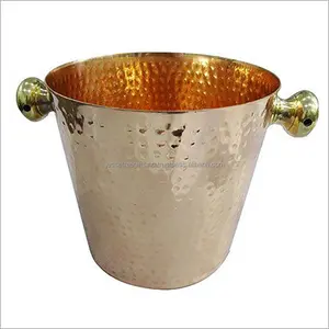 New Metal Sheet Ice Bucket With Shiny Gold Plating Finishing Round Shape Hammered Design With Two Side Knob Handle For Barware