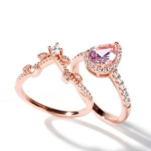 Ensemble de bagues de mariage Jeulia Halo en argent sterling avec morganite synthétique taille poire - Product Image 3