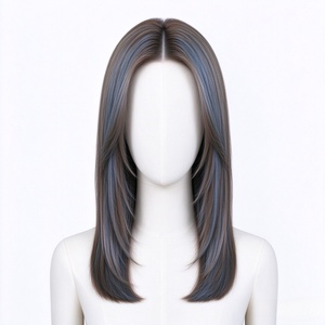 Perruque en cheveux humains lisses, marron avec reflets bleu cendré, coupe droite à la clavicule, avec frange rideau - Product Image 1