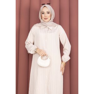 Túnica de Mujer Beige a Rayas, Suave, de Manga Regular, con Botones, Conjunto de Dos Piezas, Decoración Chic con Botones - Product Image 2