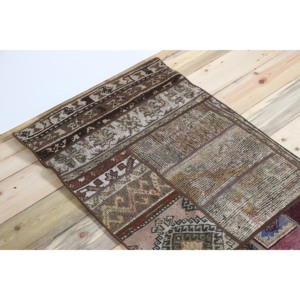 Turkish Vintage Eco-Friendly Fringed Rug 2.2x5.9 ft (68x180 Cm) Patchwork <b>Brown</b> <b>Wool</b> with Latex Backing - Product Image 5