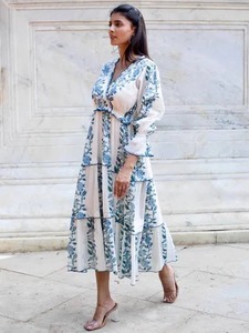 Maxi vestido indio hecho a mano para mujer estilo bohemio estampado Floral suministro ODM Casual escote barco longitud larga Natural sostenible - Product Image 5