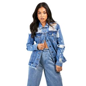 Dernière mode hip hop veste en jean bleu délavé pour femmes vestes en jean personnalisées pour femmes à vendre - Product Image 1