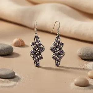 Boucles d'oreilles pendantes en argent sterling 925 avec améthyste, forme végétale bohème, serti clos, bijoux de fête pour femme - Art Palace - Product Image 3