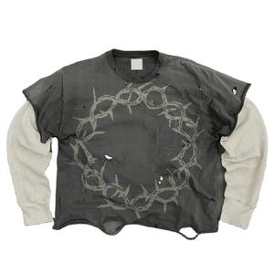 T-shirt personnalisé pour homme, impression sérigraphique, 100% coton, vintage, effet délavé, graphique, double couche, manches longues - Product Image 1