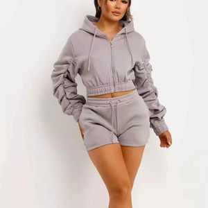 ชุดวอร์ม2ชิ้นสำหรับผู้หญิงชุด2ชิ้นเสื้อแขนยาวมีฮู้ดผ้าฝ้ายกางเกงขาสั้นลำลองชุดเสื้อผ้าใส่อยู่บ้าน - Product Image 1