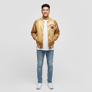 Chaqueta Universitaria de Invierno Personalizada en Satén Dorado, Acabado Teñido Sólido, Logotipo Bordado, Ecológica, MOQ Bajo, Diseño para Club de Baloncesto - Product Image 6