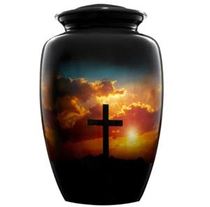 Urnes de crémation pour adultes en aluminium avec design croisé et bel autocollant urnes en métal de haute qualité fini gris vente en gros. - Product Image 3