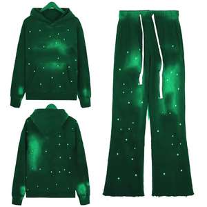 Survêtement d'hiver grande taille en gros, style vintage, molleton délavé, sweat à capuche et pantalon, patch flamme, graphique strass, unisexe, coupe oversize - Product Image 5