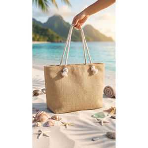 Sac de plage tendance en paille de rotin avec fermeture éclair, couleur unie, portable et polyvalent pour toutes les saisons, doublure en coton et polyester - Product Image 1