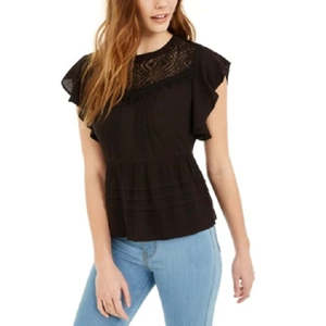 Top nero con maniche a volant e finiture in pizzo di American Rag Junior, taglia Small - Top in maglia da donna - Product Image 1