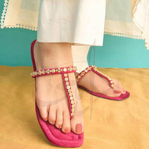 Unique Style Custom Made Women Kolhapuri Customizable Hot Pink Anti-Slippery Printed Velvet Upper Footwear - Product Image 2