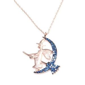 Collier Sorcière en Argent Sterling 925 avec Pierre Bleue Or Rose, Forme de Lune et Design Balai, Cadeau pour Toute Occasion, Fabriqué en Alliage de Zinc - Product Image 1