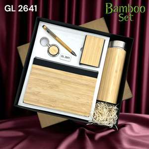 Carnet en bois aspect bambou, carnet en bois de bambou A5 avec bouteille d'eau, porte-clés, porte-cartes, logo personnalisé - Product Image 1