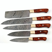 Set Pisau Koki Profesional Modern Jexmoo Custom Handmade 5 Buah Baja Damascus Ambidextrous dengan Gagang Kayu dan Sarung Kulit