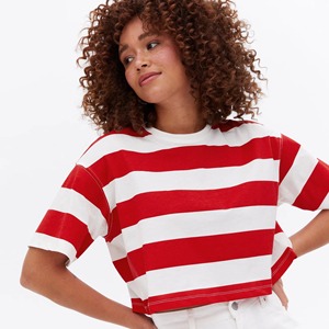 Women's Red White Crop <b>Top</b> Short Sleeve Crew Neck Casual T-Shirt Spring Summer Wear Canvas Embroidery Eco-Friendly - Product Image 6