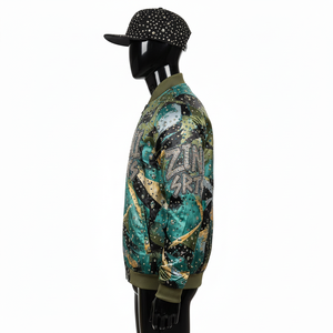 Veste en satin premium avec une brillance douce, couleurs abstraites vert, noir et or, et logo personnalisé en strass, veste en satin pour homme - Product Image 3